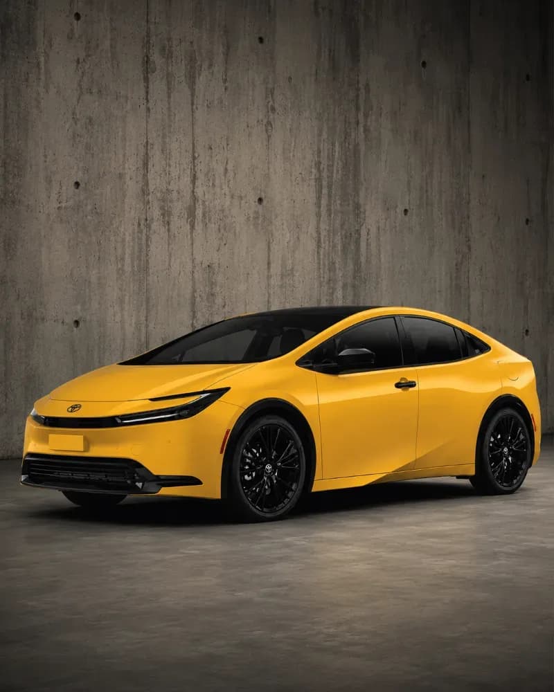 2024 Toyota Prius Z Hybrid in vivid mustard yellow with a contrasting gloss-black roof and black alloy wheels, photographed at a three-quarter front angle in a dark studio against a raw concrete wall with dramatic side lighting.